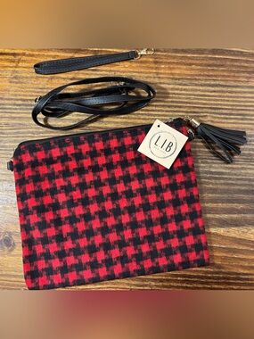 NWT L.I.B. New York Red Black Buffalo Plaid Flannel Crossbody Clutch Tassel